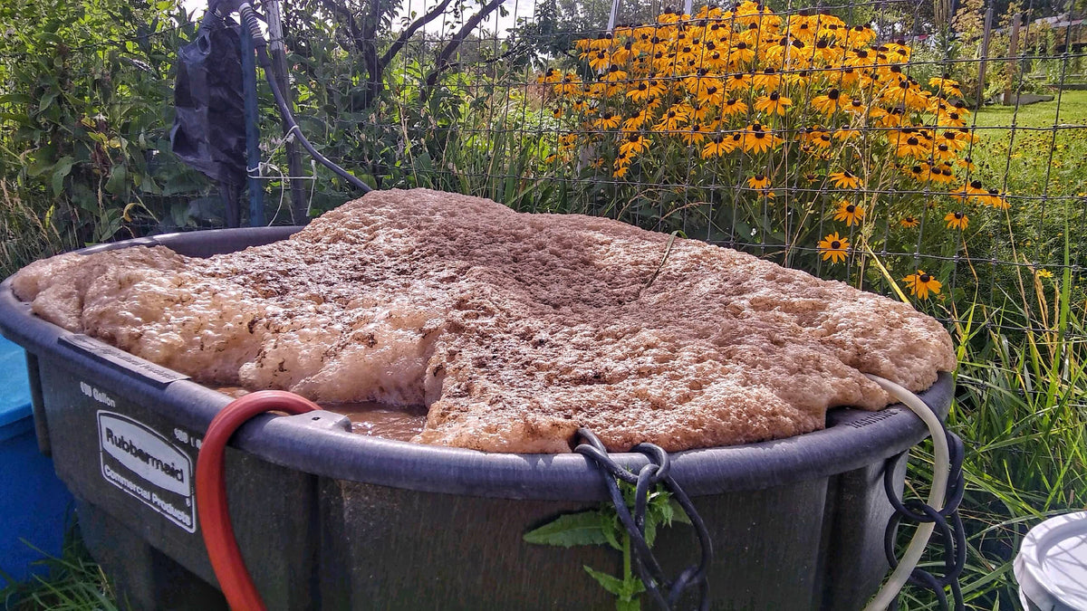 A tote of compost tea foaming over after a run with the Aeromixer