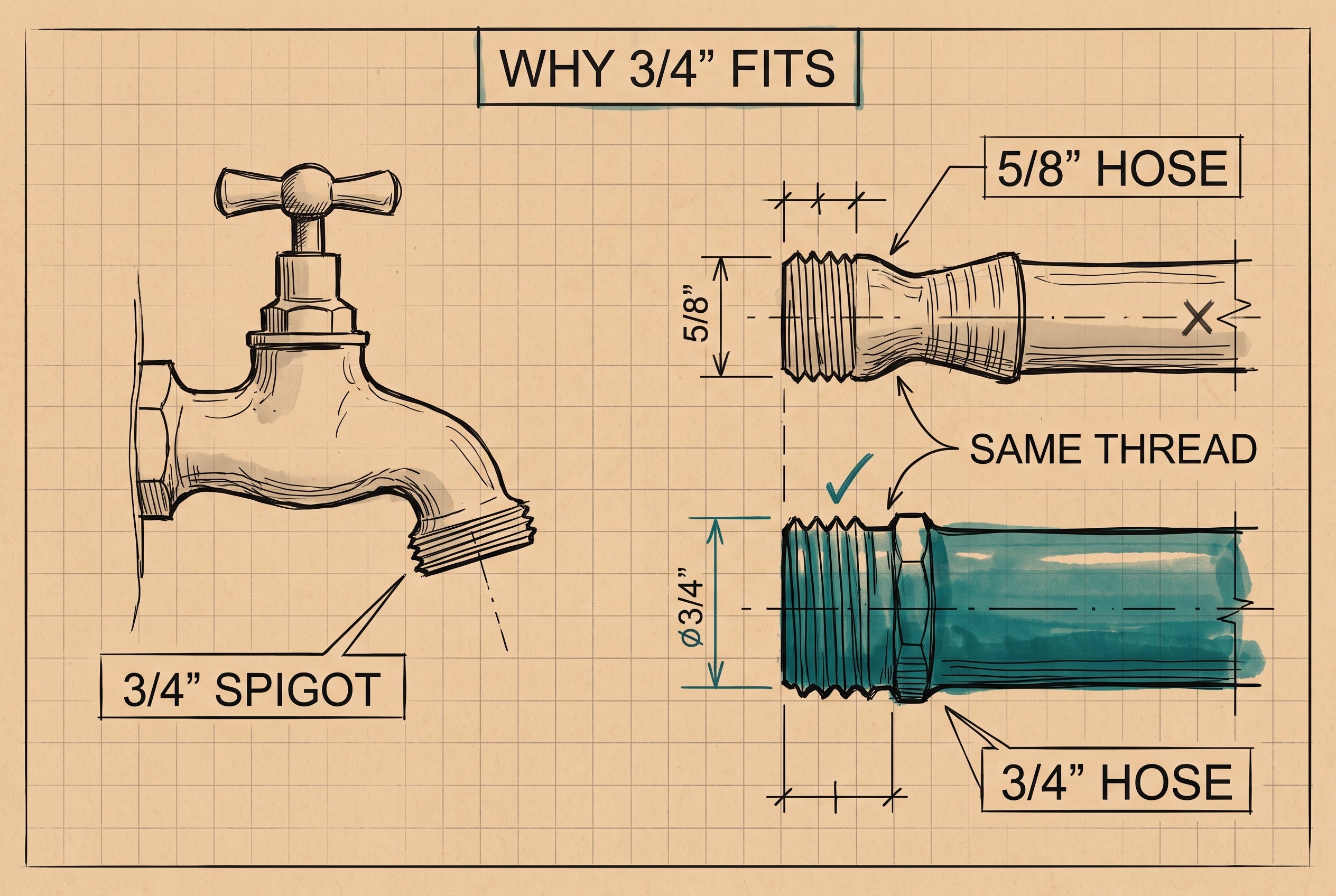 A 3/4-inch spigot: a 5/8-inch hose chokes it down; a 3/4-inch hose fits full-bore